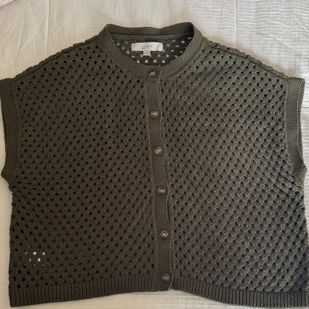 LOFT Olive Green Open-Knit Sleeveless Button Cardigan